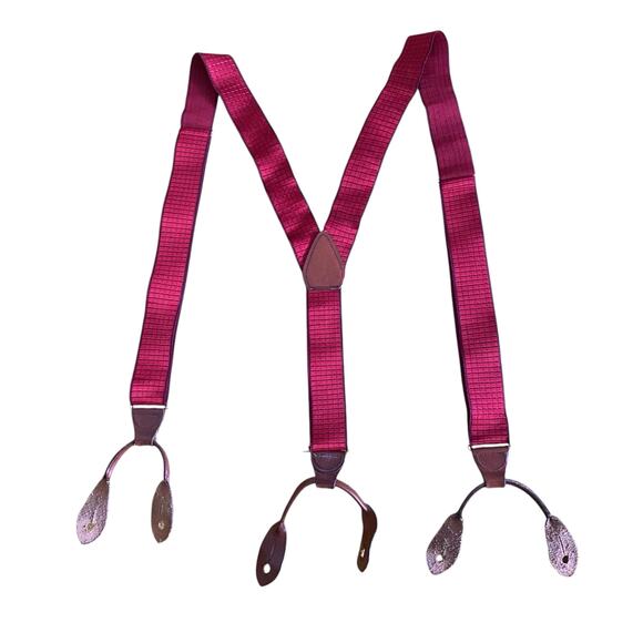 Vintage Suspenders Elastic Fabric Red with Purple Square Pattern and Trim unisex - Picture 1 of 5